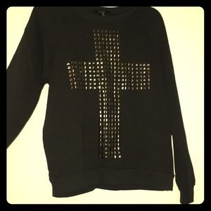 Black crew neck sweater with studded cross